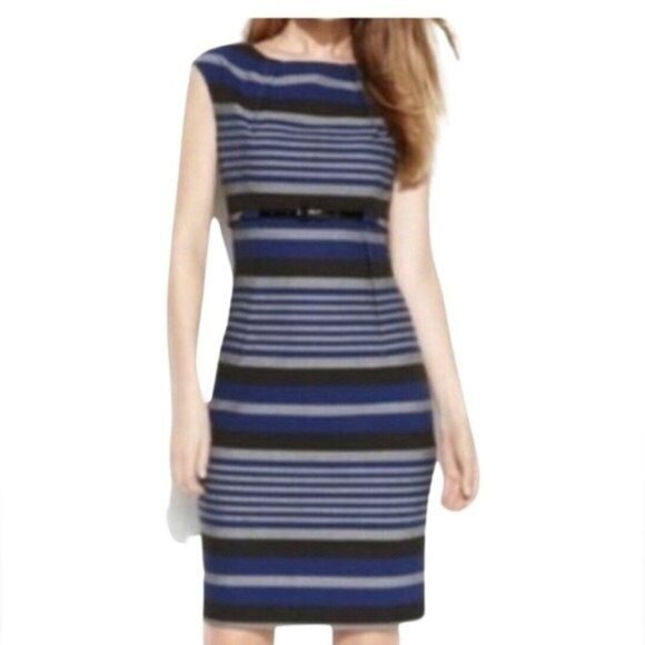 Calvin Klein Sleeveless Boat Neck Empire Waist Belted Blue Striped Dress Size 10 - Picture 1 of 8